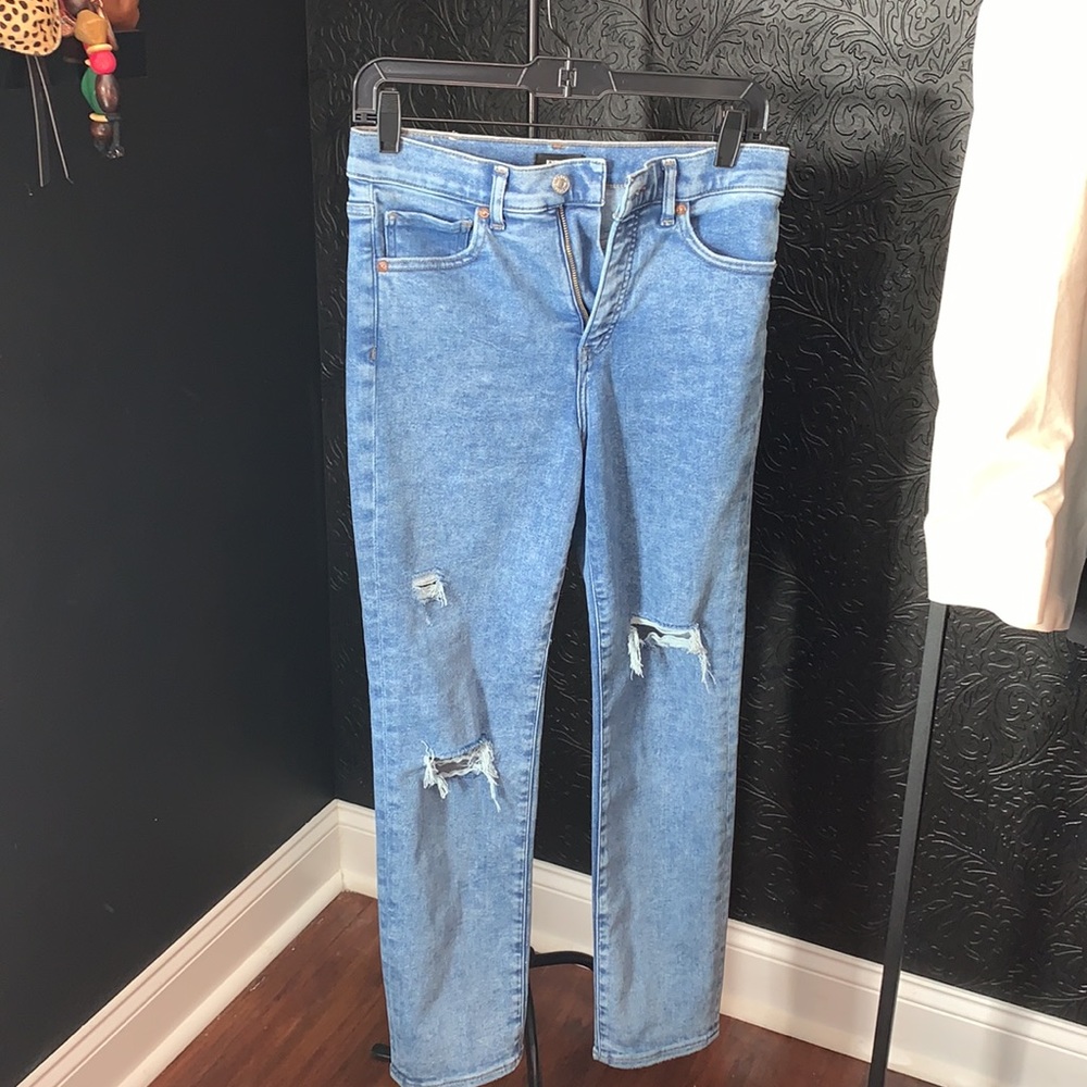 Express High Waisted Medium Wash Ripped Slim Jeans - Picture 9 of 14